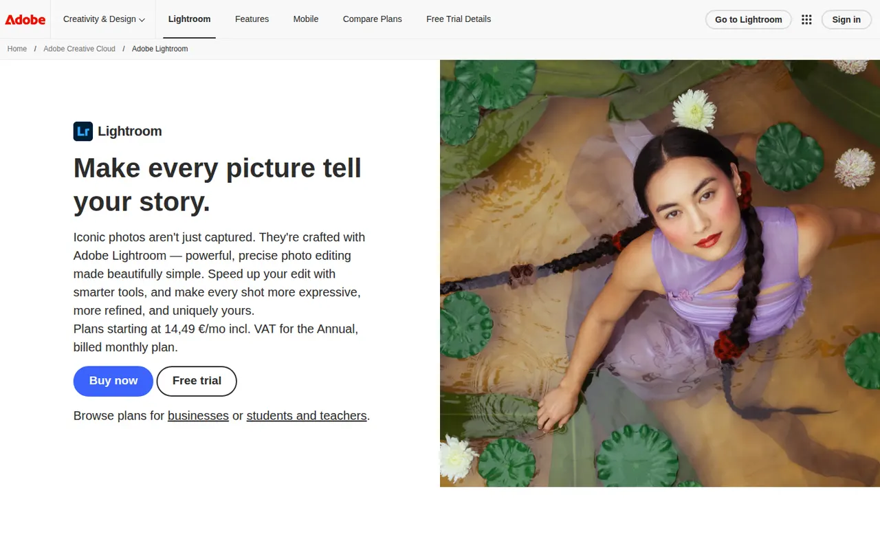 Adobe Lightroom website screenshot