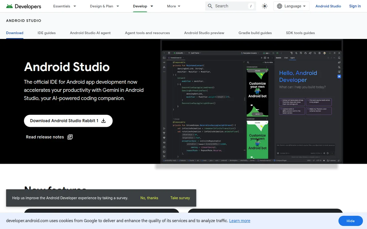 Capture d’écran du site de Android Studio