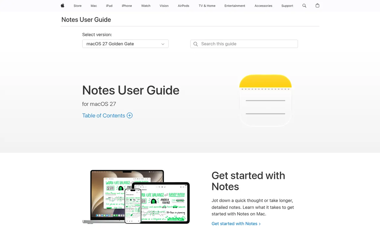 Apple Notes website screenshot