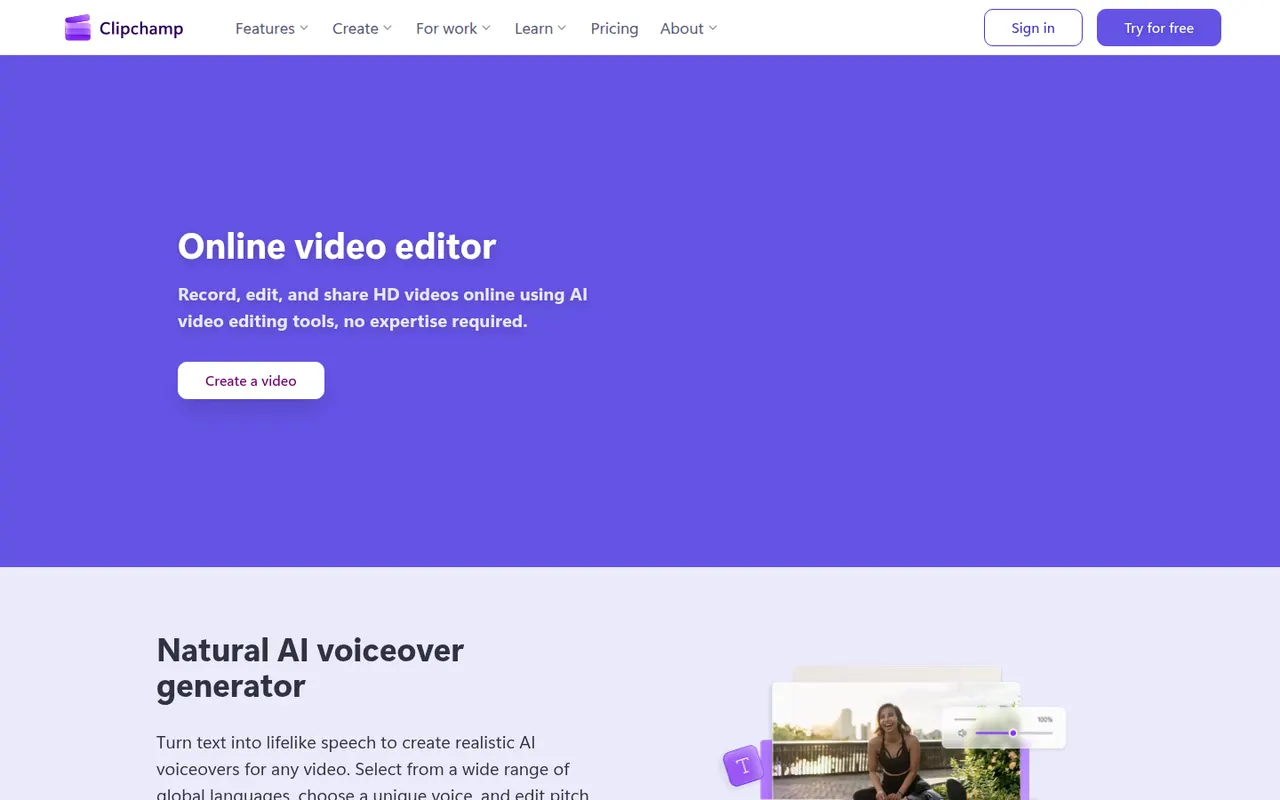Capture d’écran du site de Clipchamp