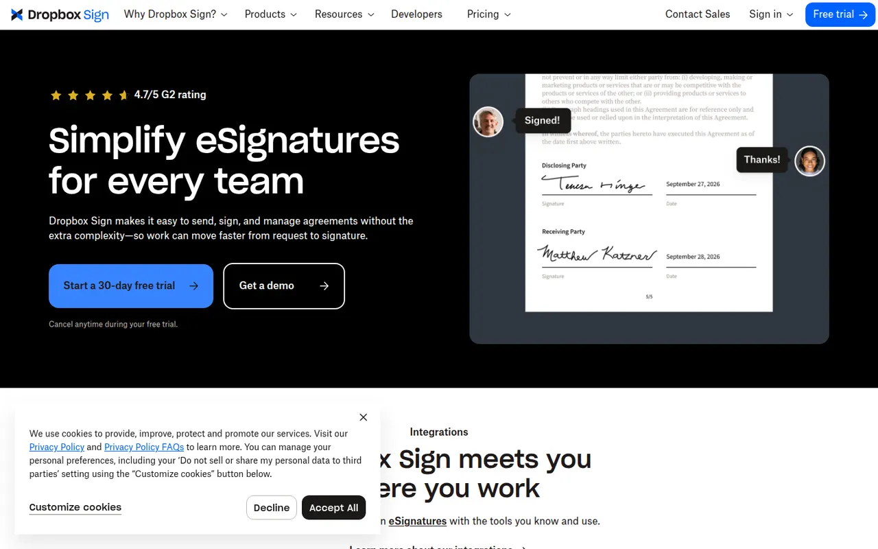 Dropbox Sign website screenshot