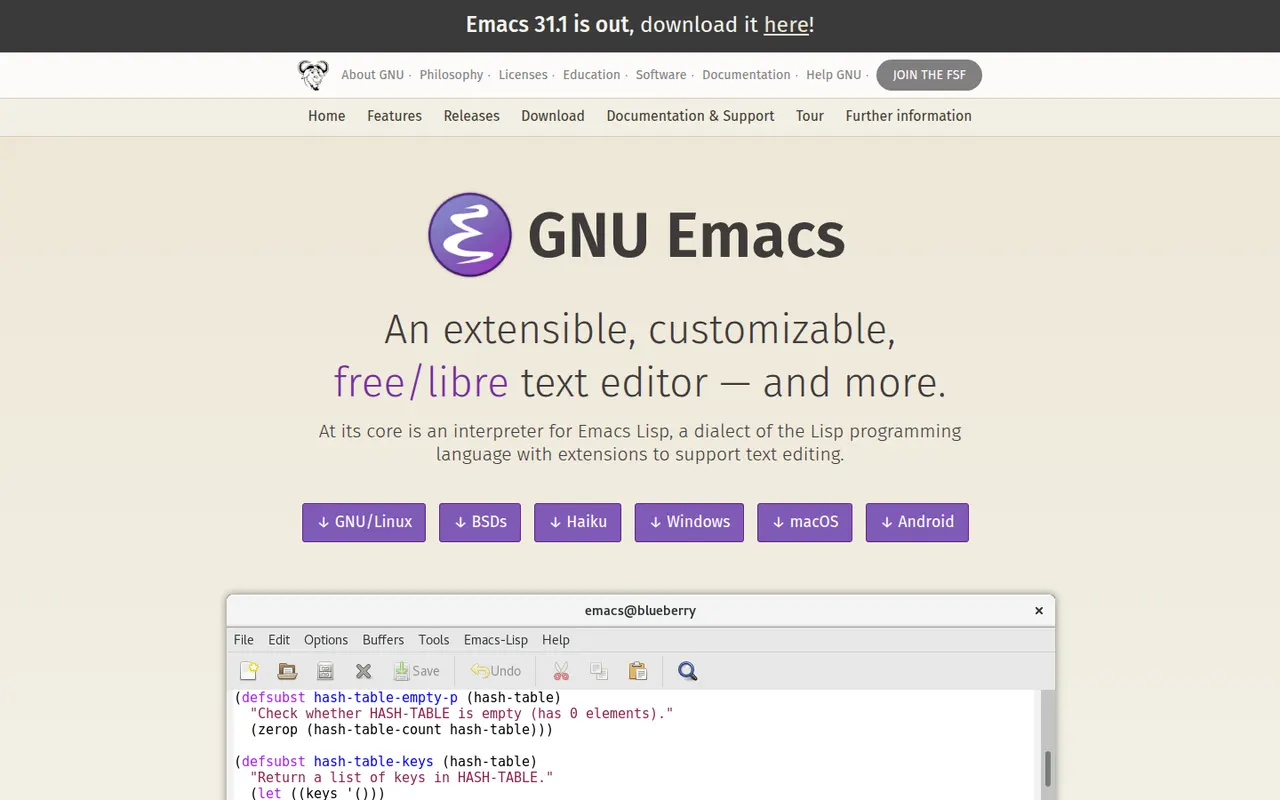 GNU Emacs website screenshot