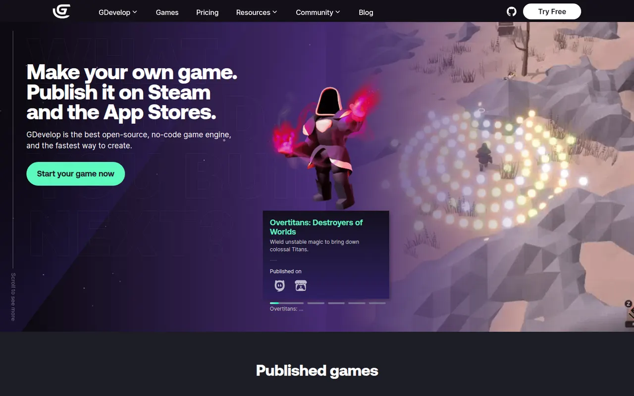 Capture d’écran du site de GDevelop