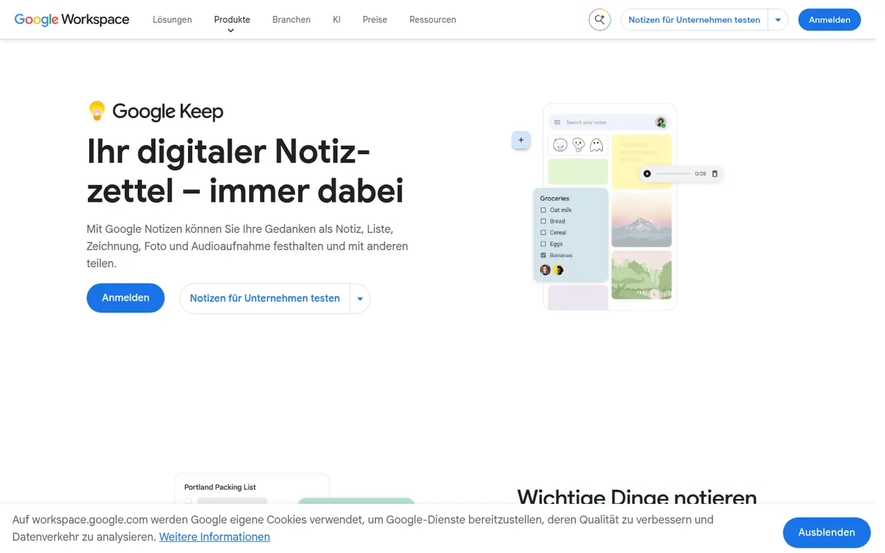 Capture d’écran du site de Google Keep
