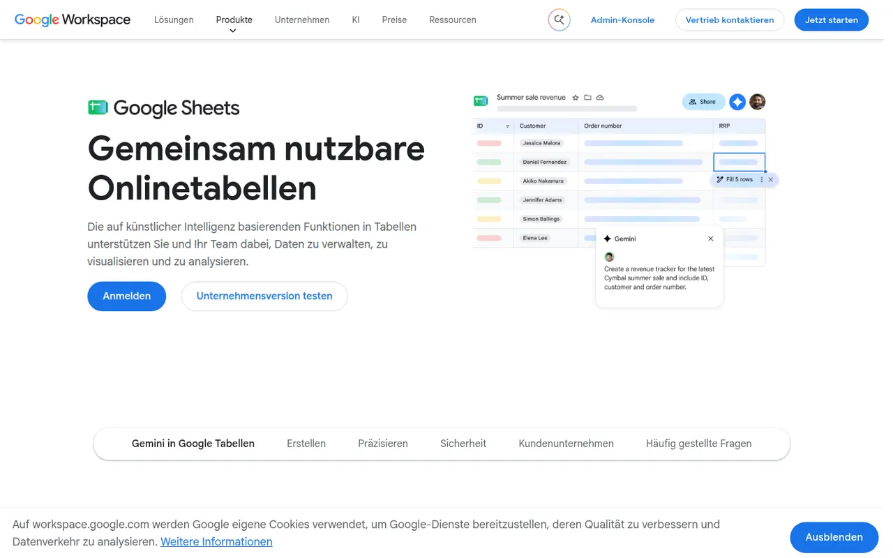 Google Sheets website screenshot