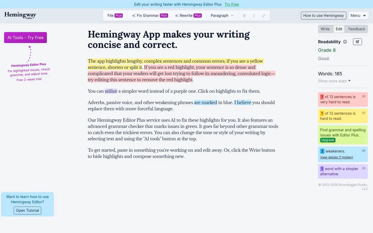 Hemingway Editor website screenshot