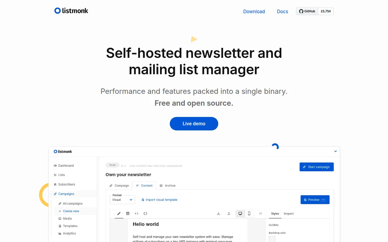 listmonk website screenshot