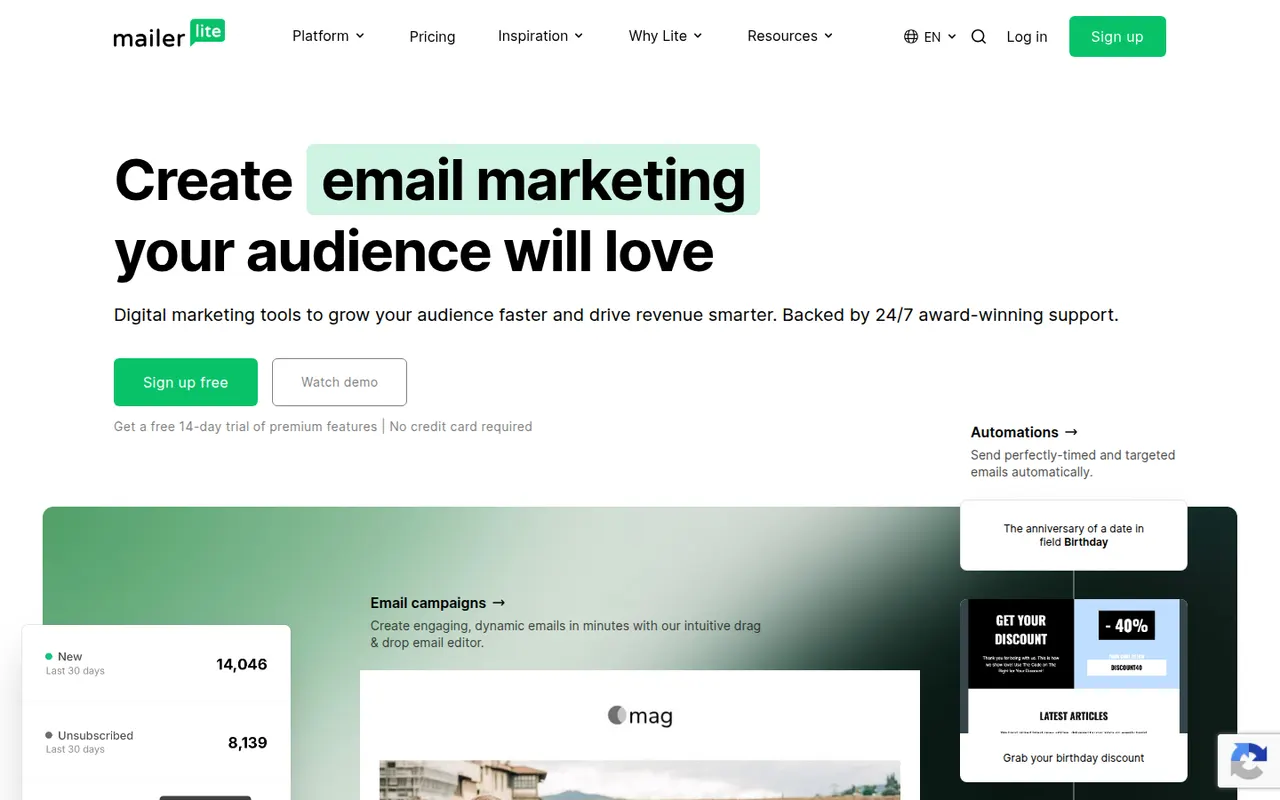 MailerLite website screenshot