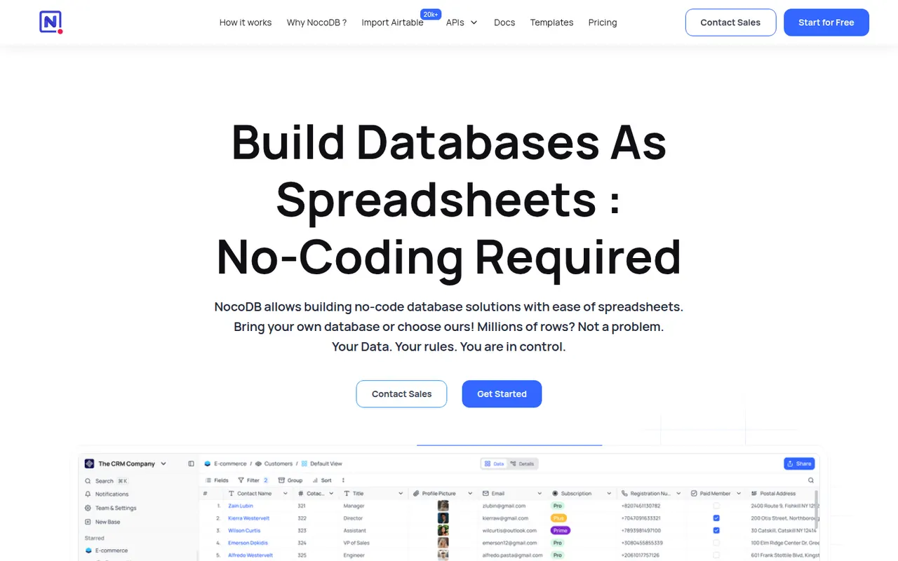 NocoDB website screenshot