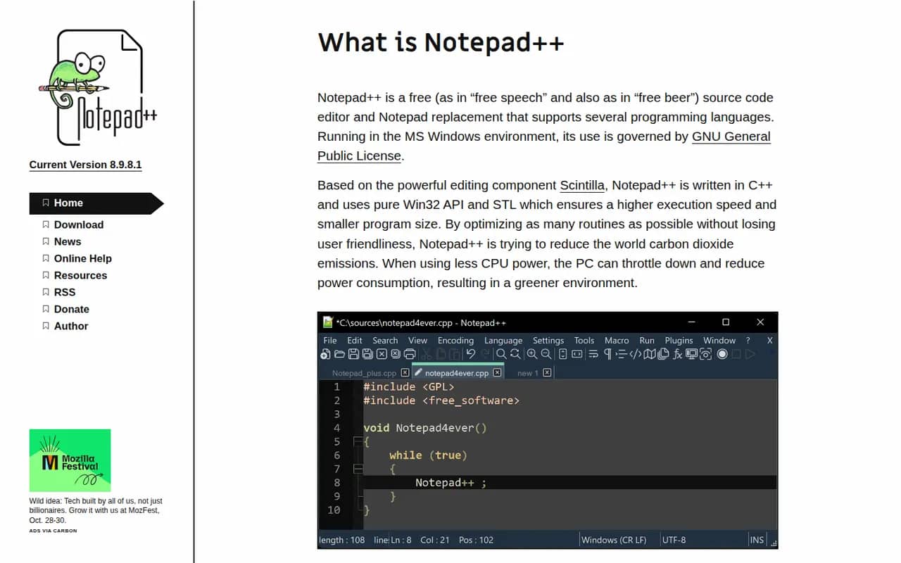 Notepad++ website screenshot