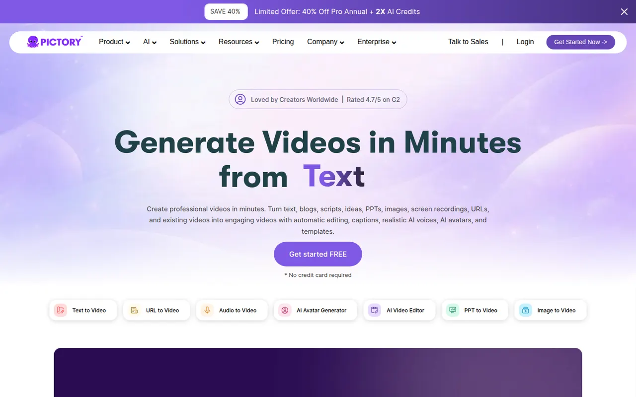 Capture d’écran du site de Pictory
