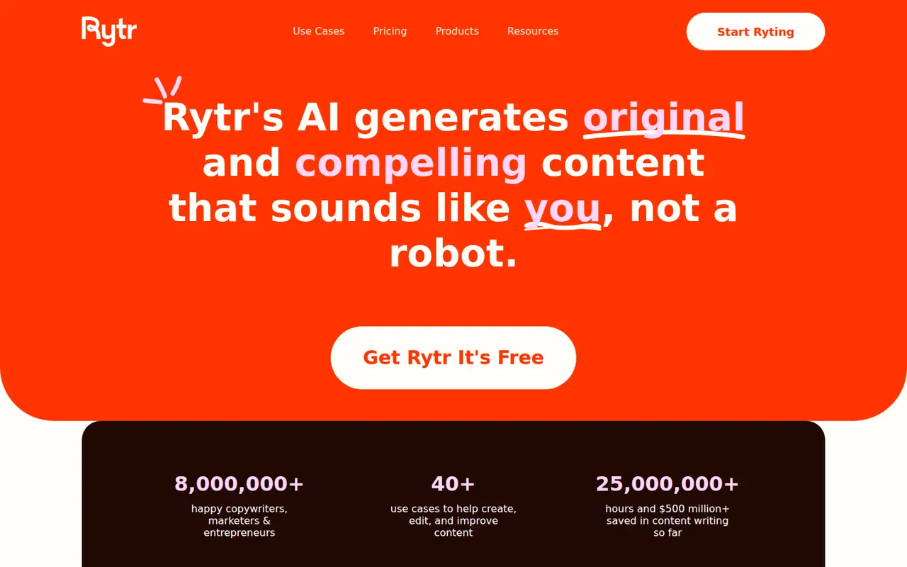 Capture d’écran du site de Rytr