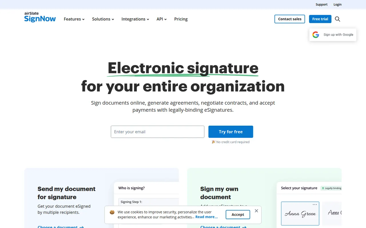 signNow website screenshot