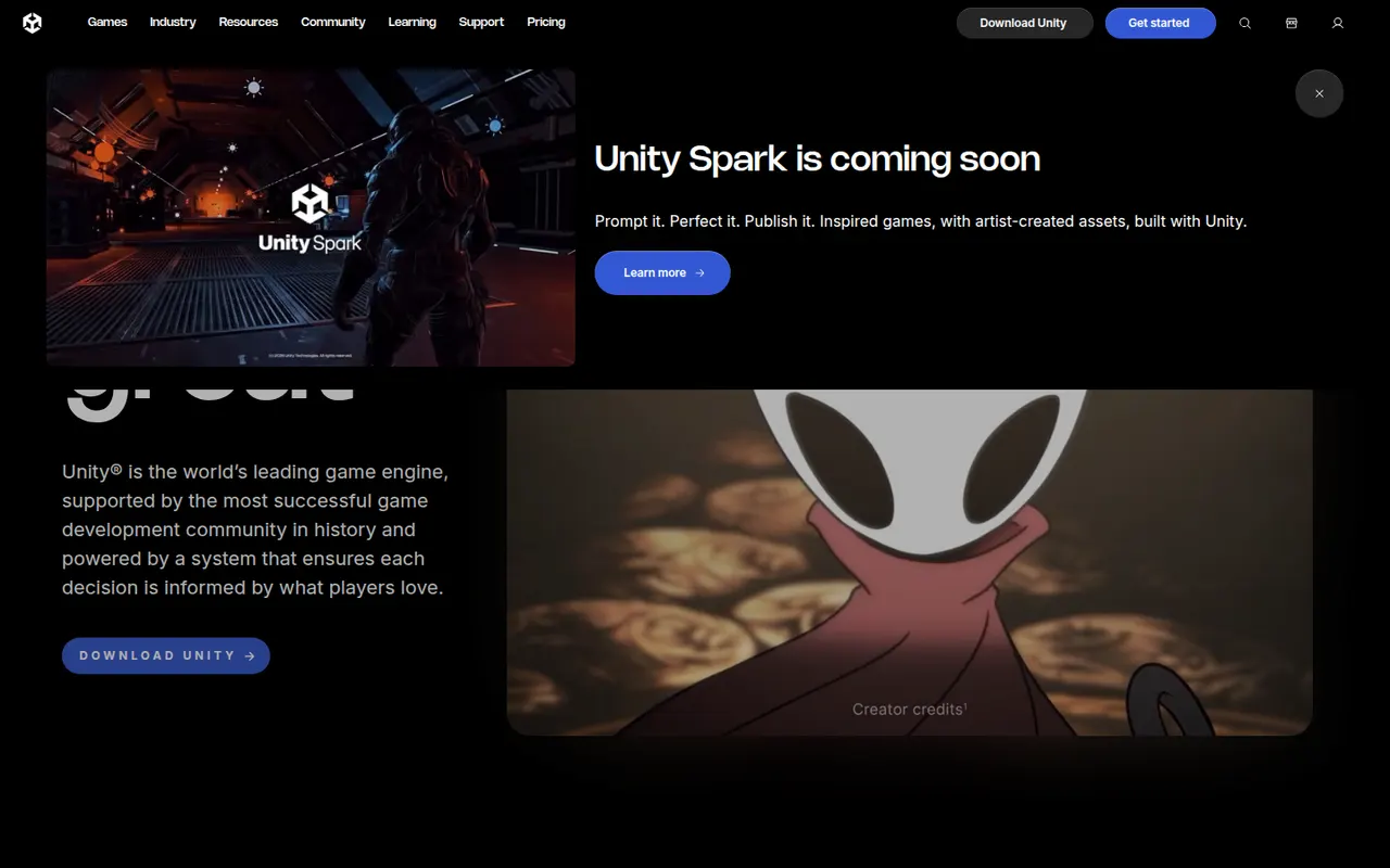 Capture d’écran du site de Unity