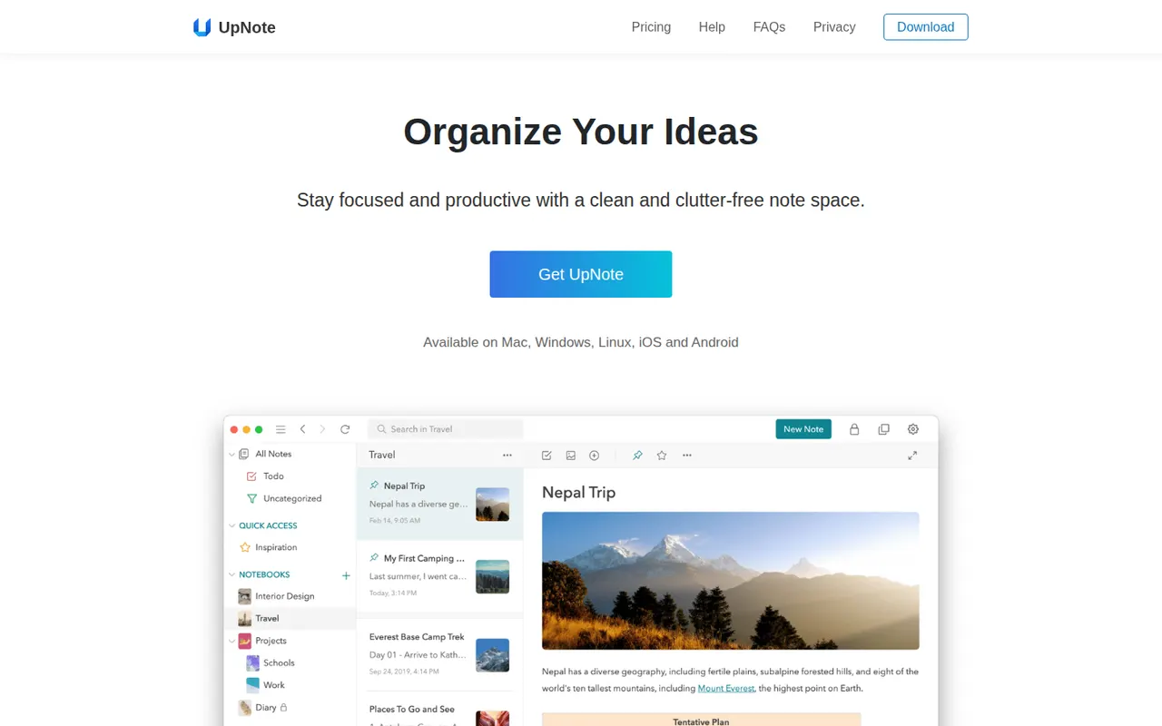 UpNote website screenshot