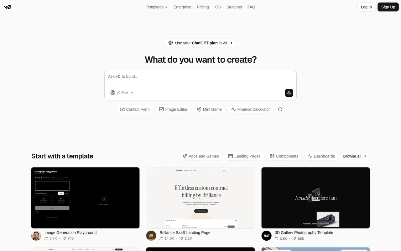 v0 website screenshot