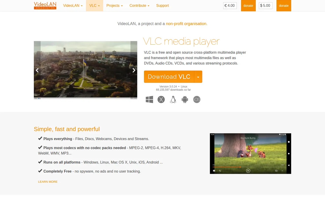 VLC media player website screenshot