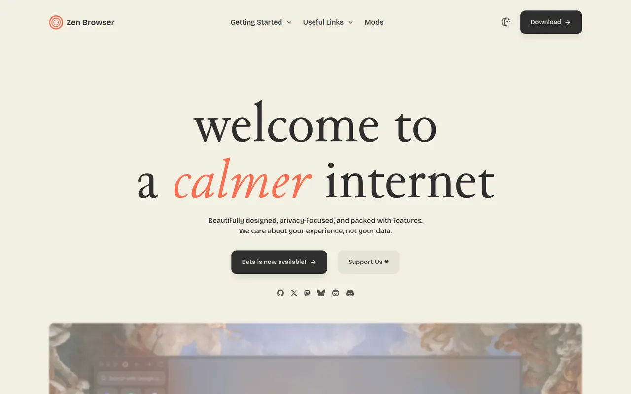Zen Browser website screenshot