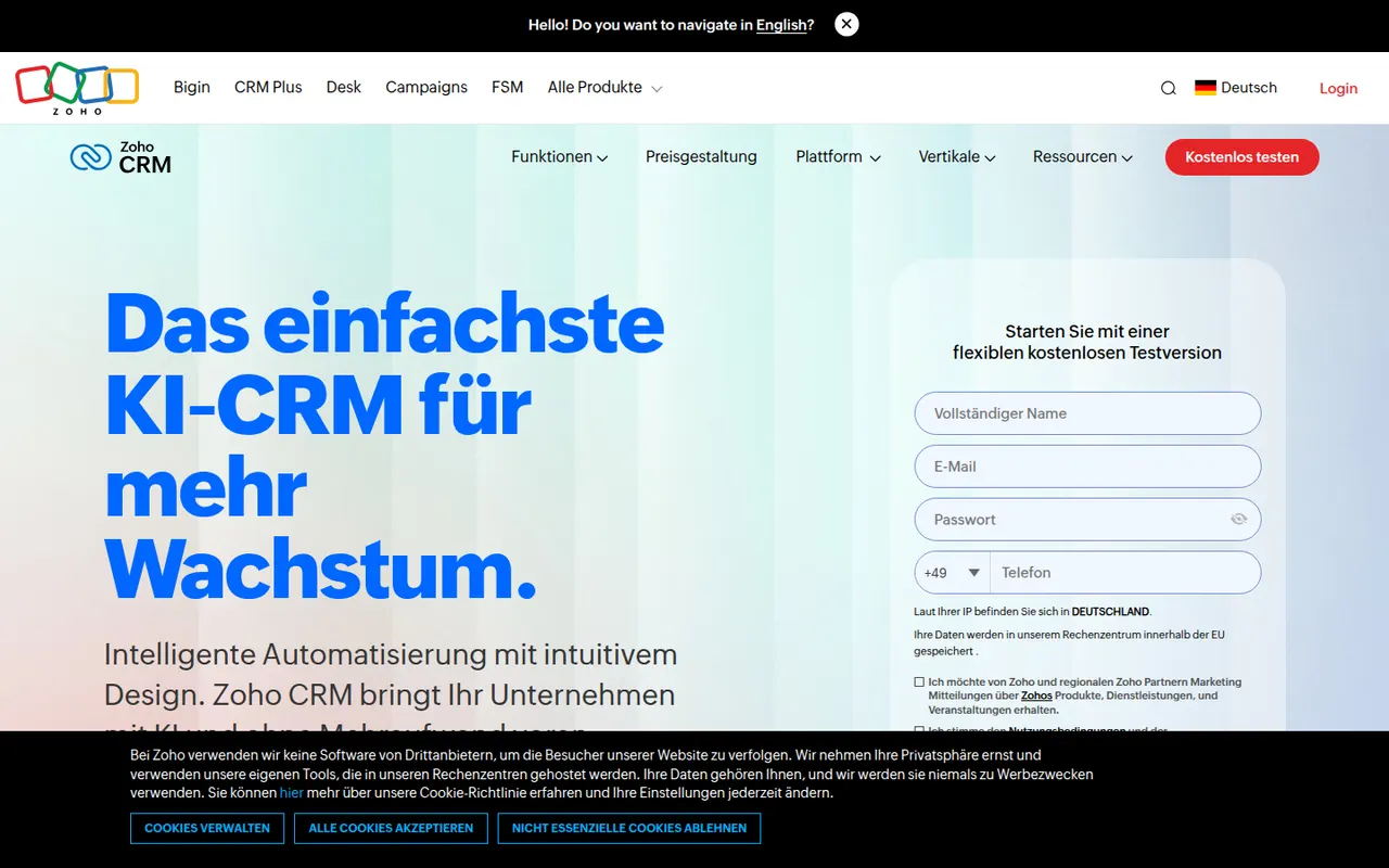 Zoho CRM website screenshot