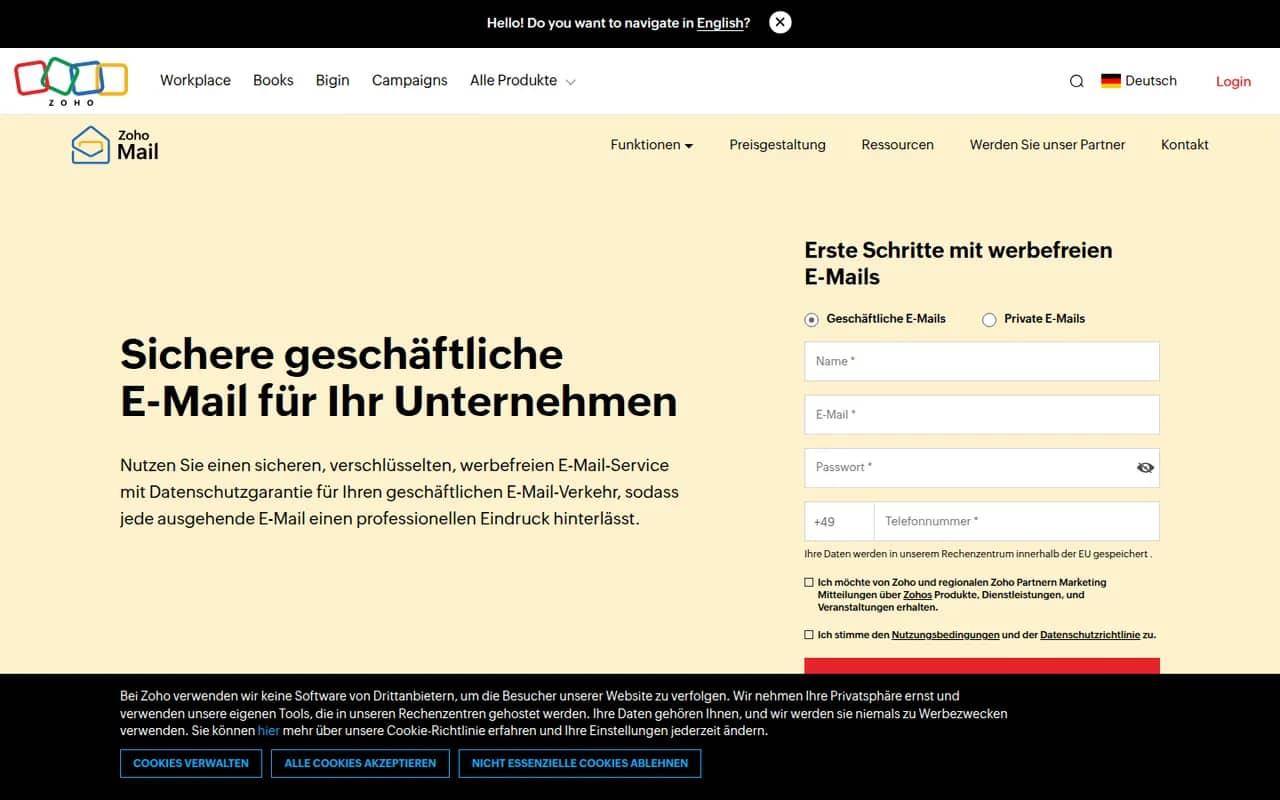 Zoho Mail website screenshot