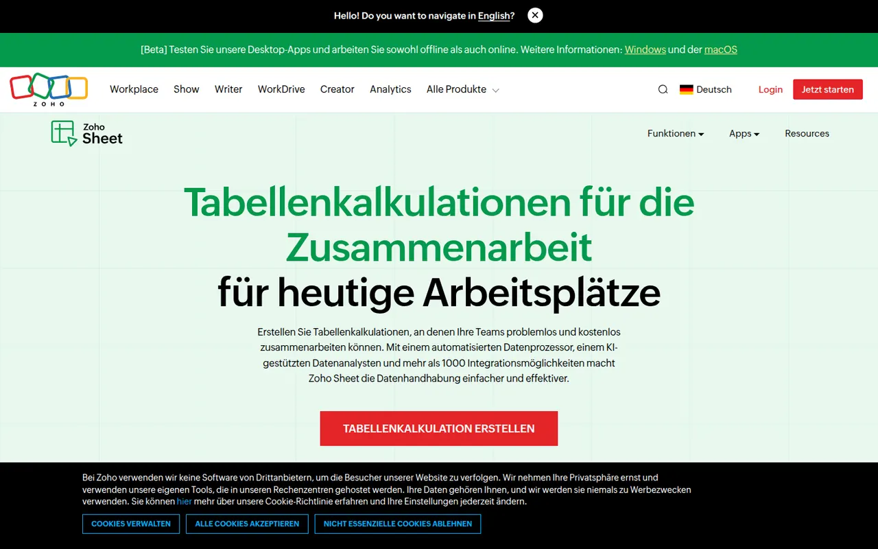 Zoho Sheet website screenshot