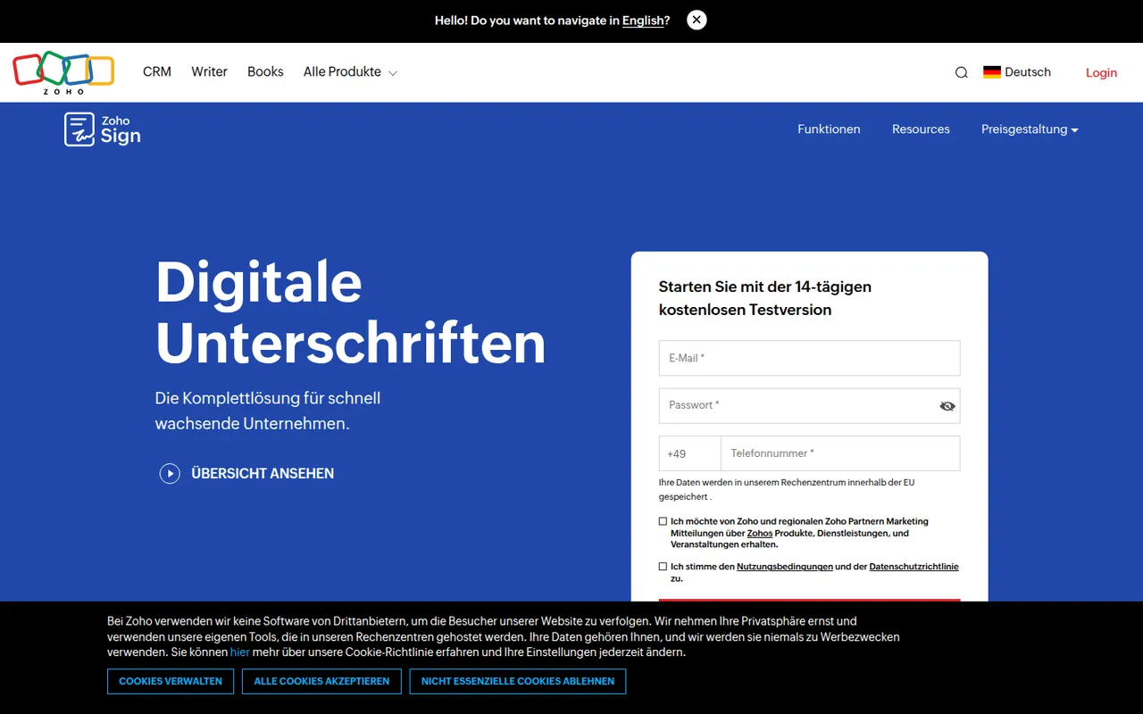 Zoho Sign website screenshot