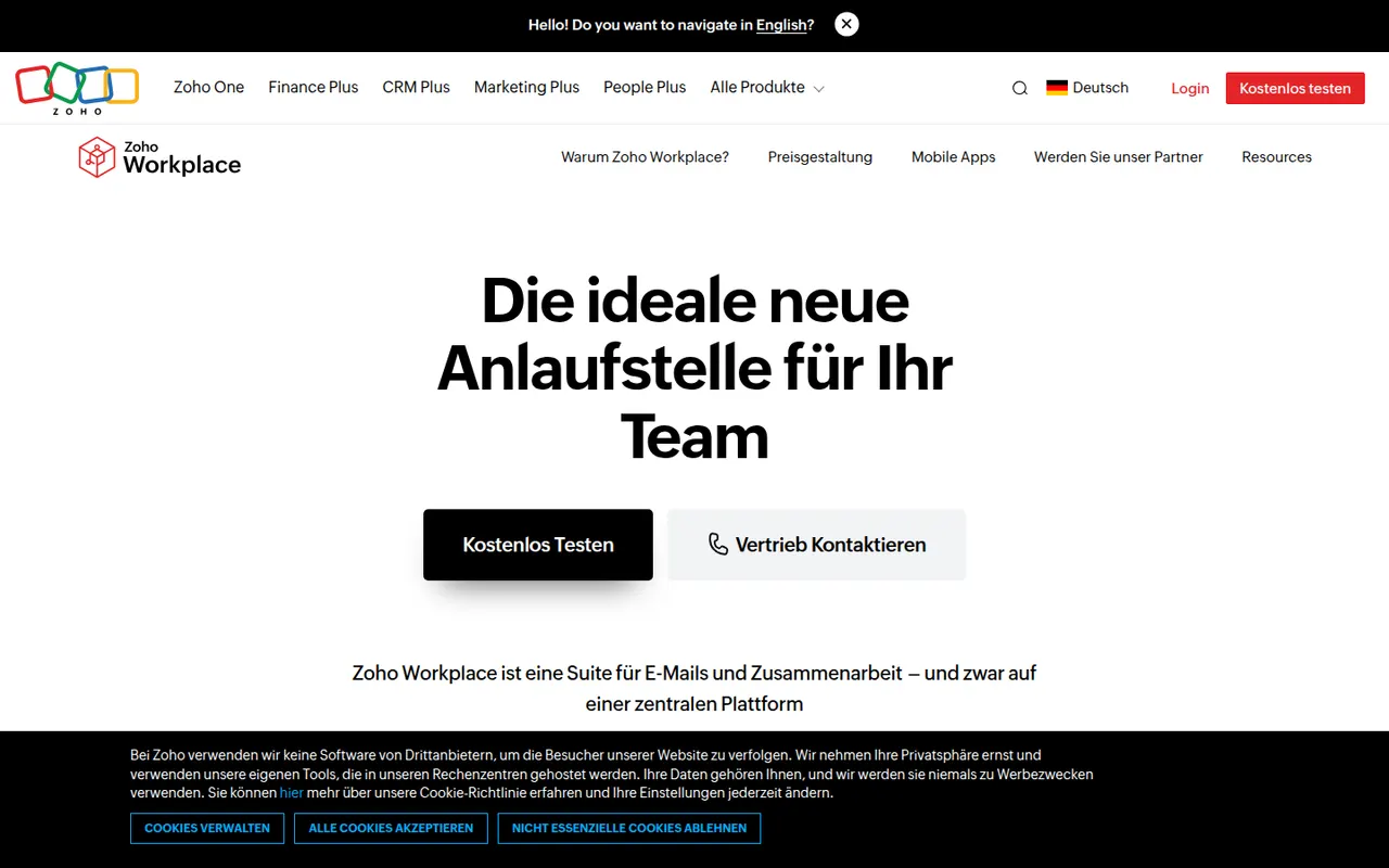 Zoho Workplace website screenshot