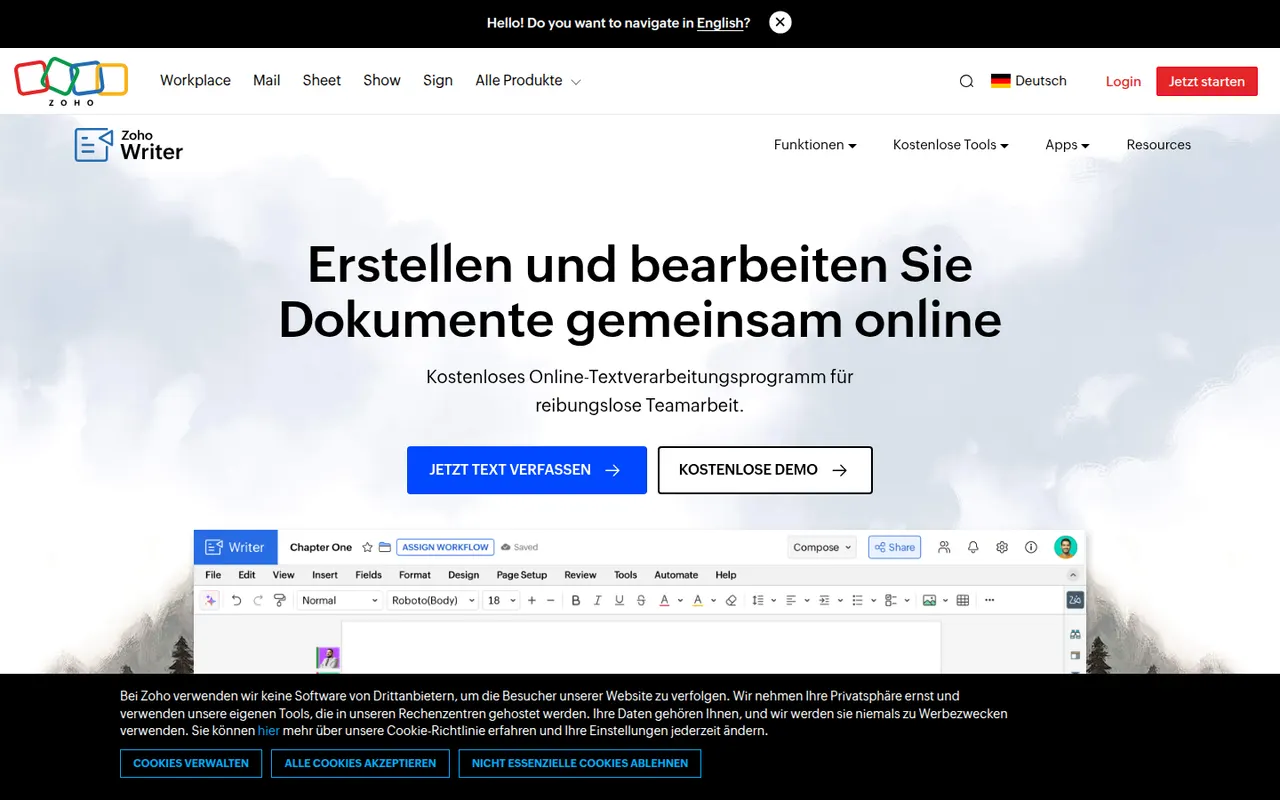 Zoho Writer website screenshot